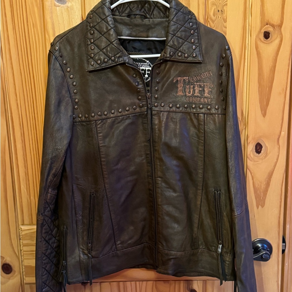 Cowgirl Tuff Brown Leather Jacket with Studs & Quilted Accents